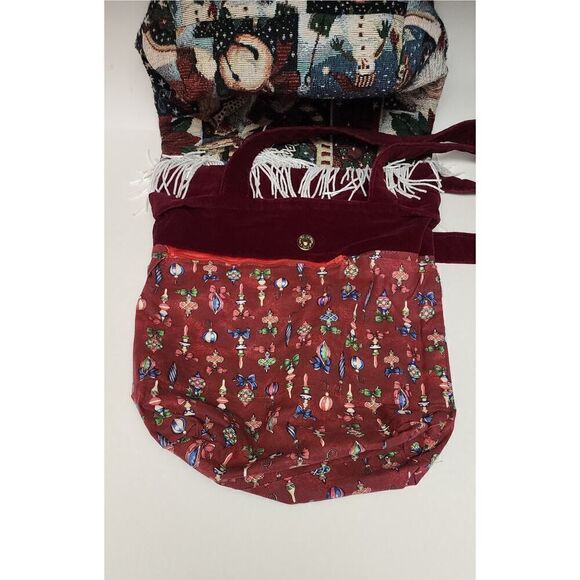 Vintage Christmas Art Tapestry Purse Tote Bag Beaded Fringe Xmas Santa Velvet - Picture 10 of 16